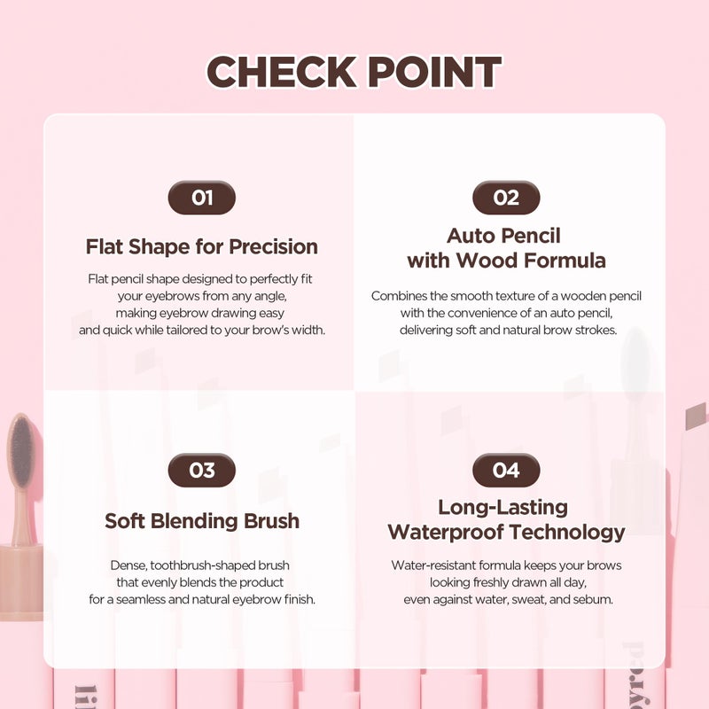 lilybyred Hard Flat Brow Pencil | Korean Flat-Tip Eyebrow Pencil, Wood-Like Auto Formula, Toothbrush-Style Blending Brush, Smudge-Proof, Sweat-Resistant, Natural Finish, 0.005 oz. (04 Dark Brown) - Image 3